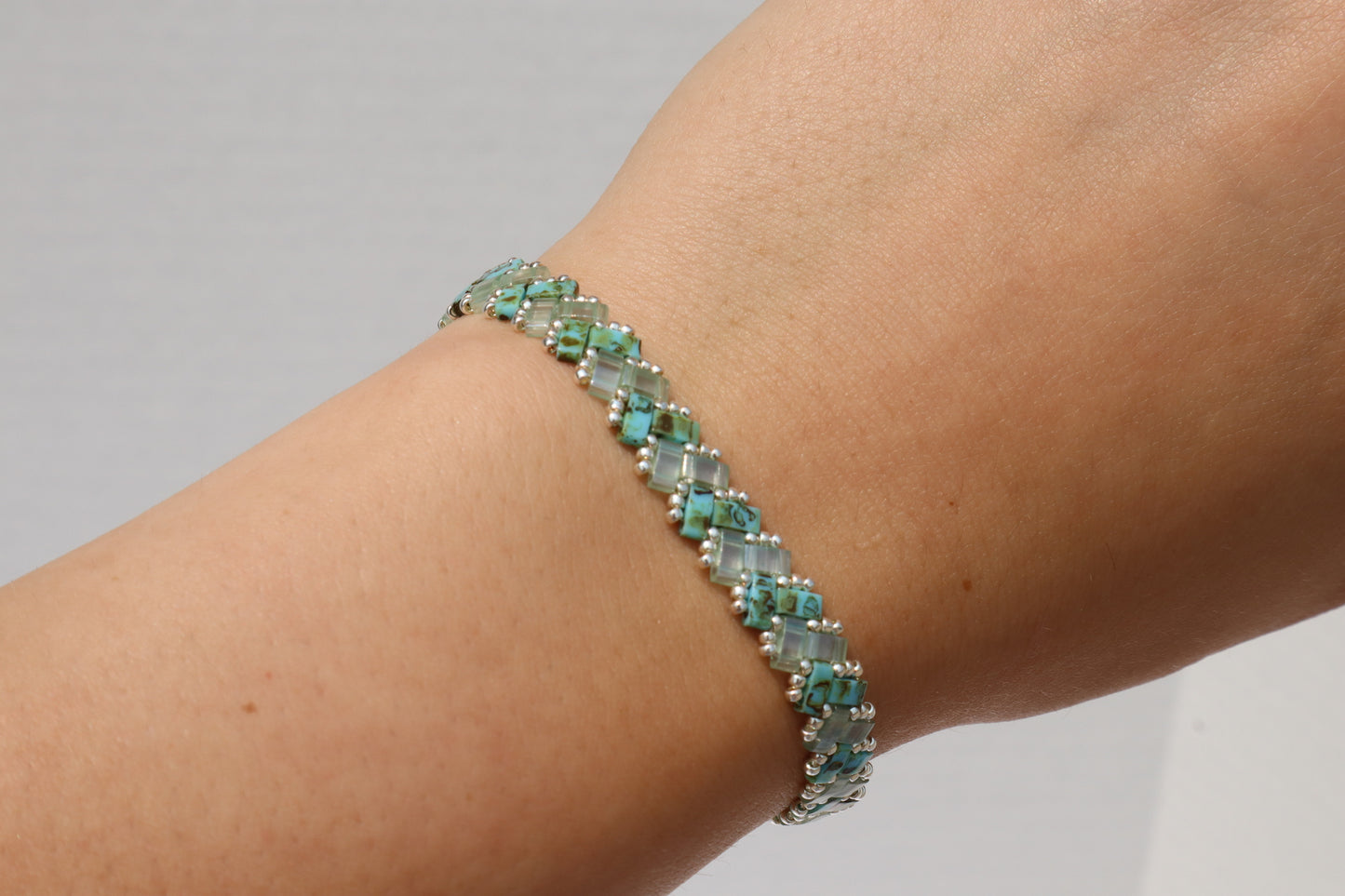 Turquoise Blue Picasso and Sea-foam Green Braided Tila Bracelet