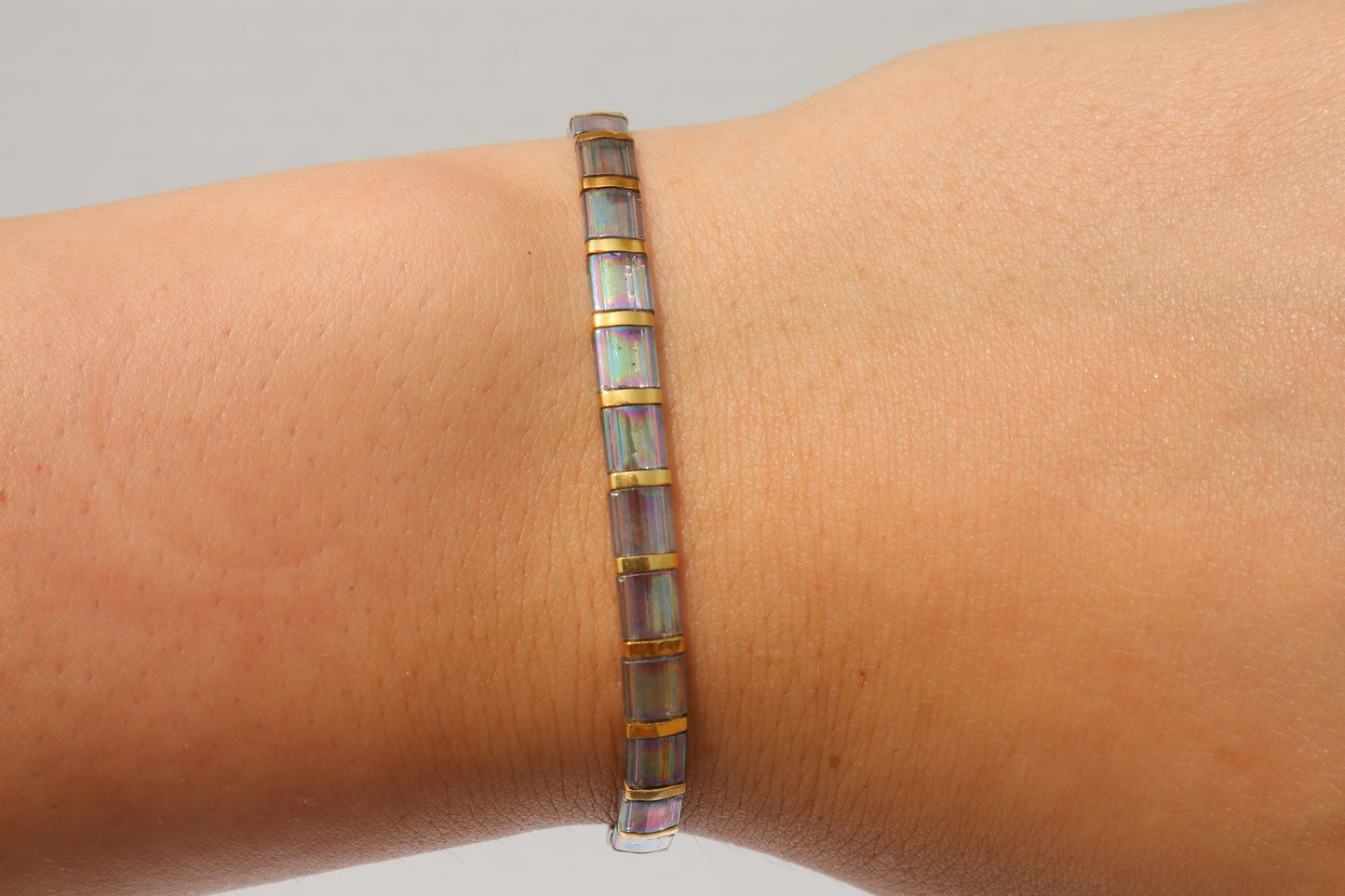 Grey/ Blue Straight Full Tila Bracelet with 24kt gold accent beads
