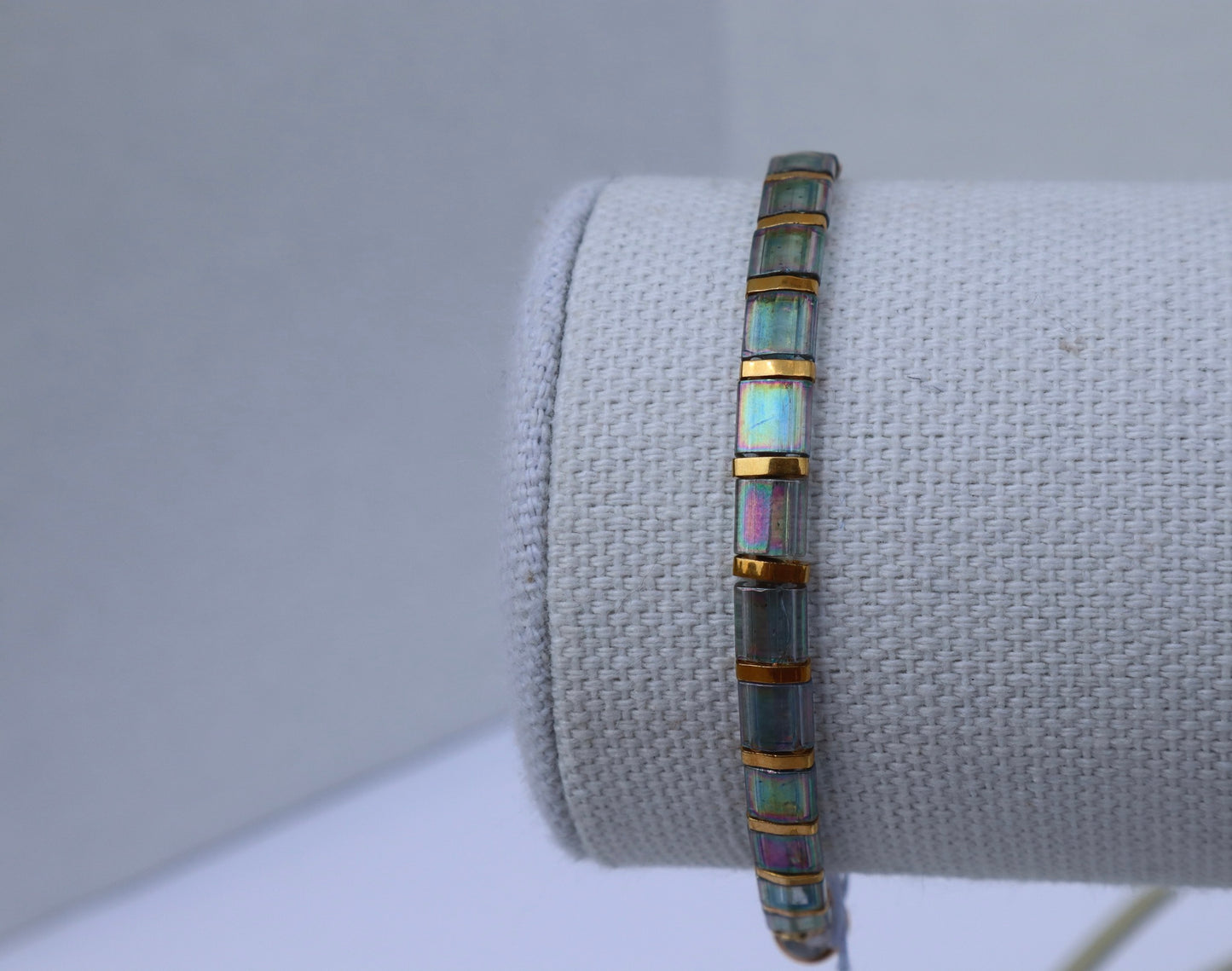 Grey/ Blue Straight Full Tila Bracelet with 24kt gold accent beads