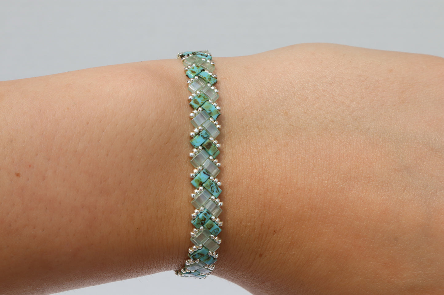 Turquoise Blue Picasso and Sea-foam Green Braided Tila Bracelet