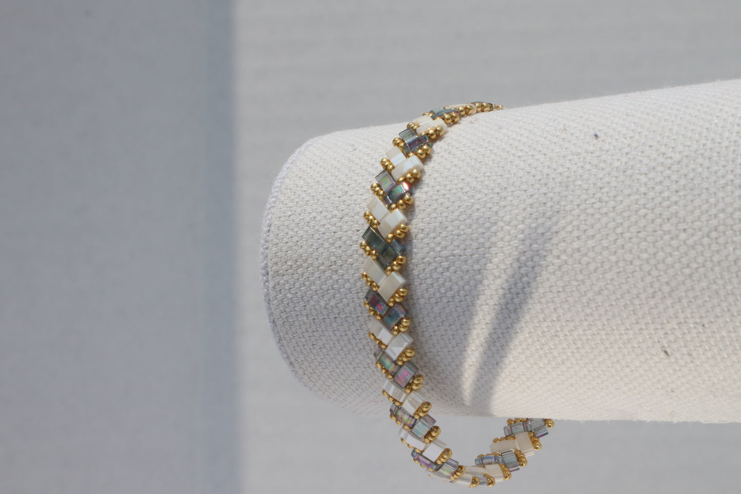Blue/ Grey Luster and Creme White Braided Tila Bracelet