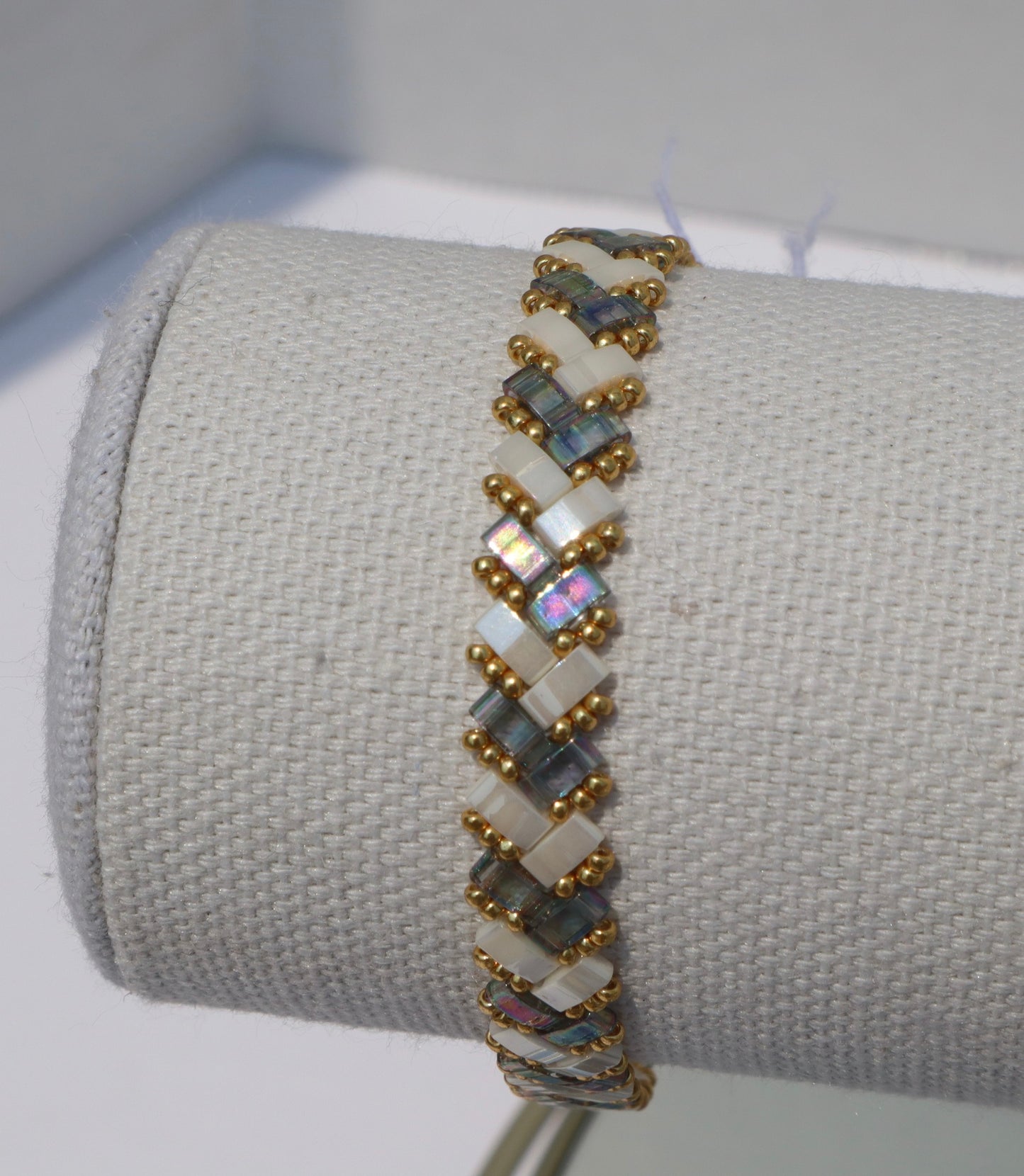 Blue/ Grey Luster and Creme White Braided Tila Bracelet