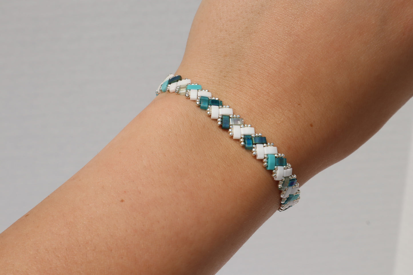 Teal mix and Matte White AB Braided Tila Bracelet