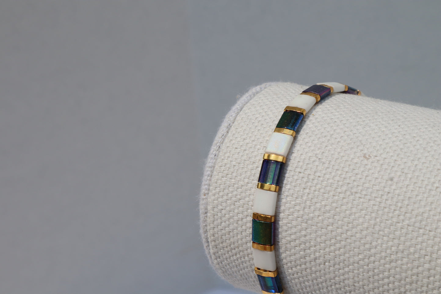 Magic Blue and Matte White AB Straight Tila Bead Bracelet with 24kt gold Accent beads