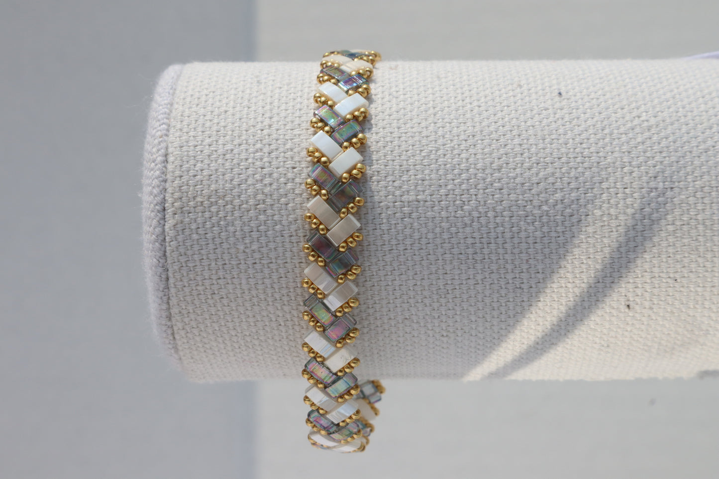 Blue/ Grey Luster and Creme White Braided Tila Bracelet