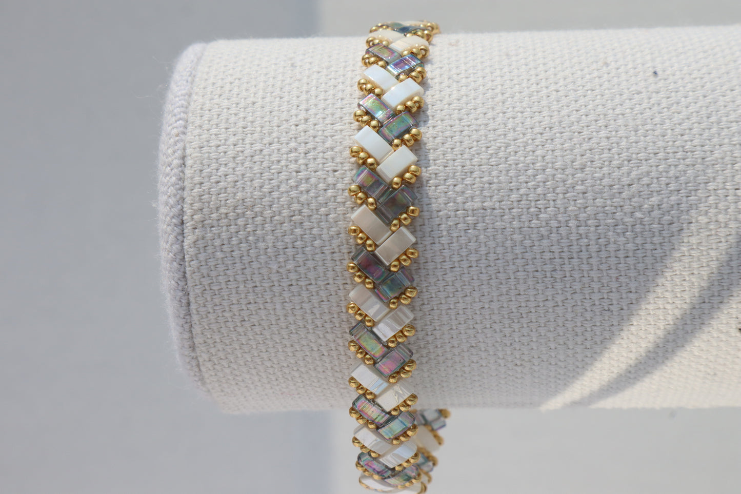 Blue/ Grey Luster and Creme White Braided Tila Bracelet