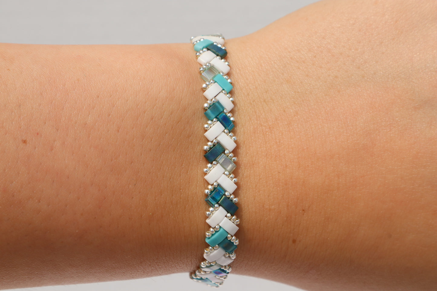 Teal mix and Matte White AB Braided Tila Bracelet