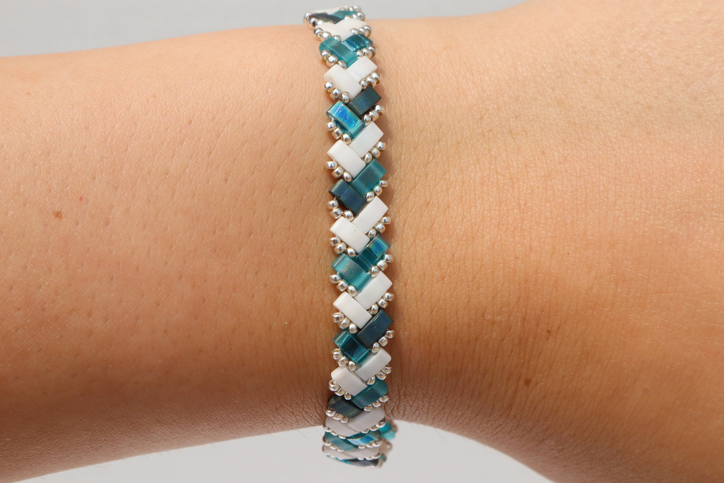 Dark Teal Mix with Matte White AB Braided Tila Bracelet