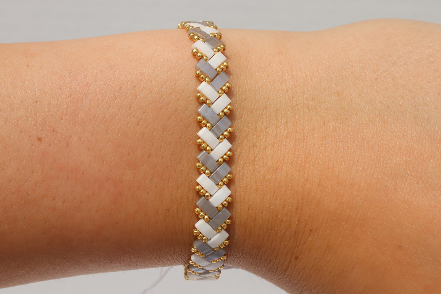 Soft Grey and White Braided Tila Bracelet