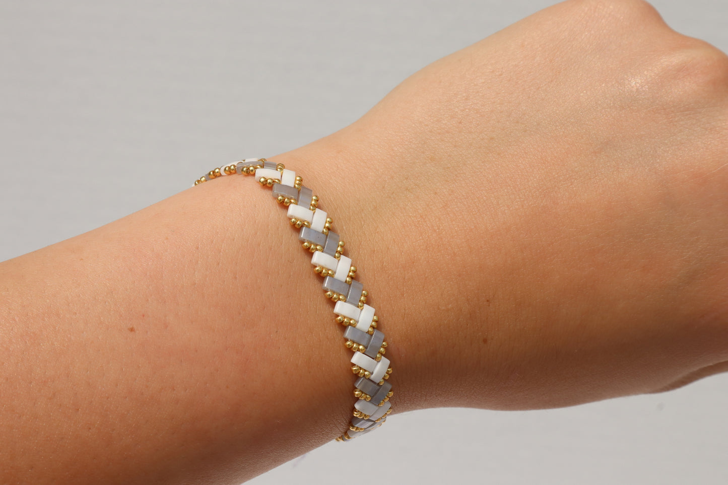 Soft Grey and White Braided Tila Bracelet