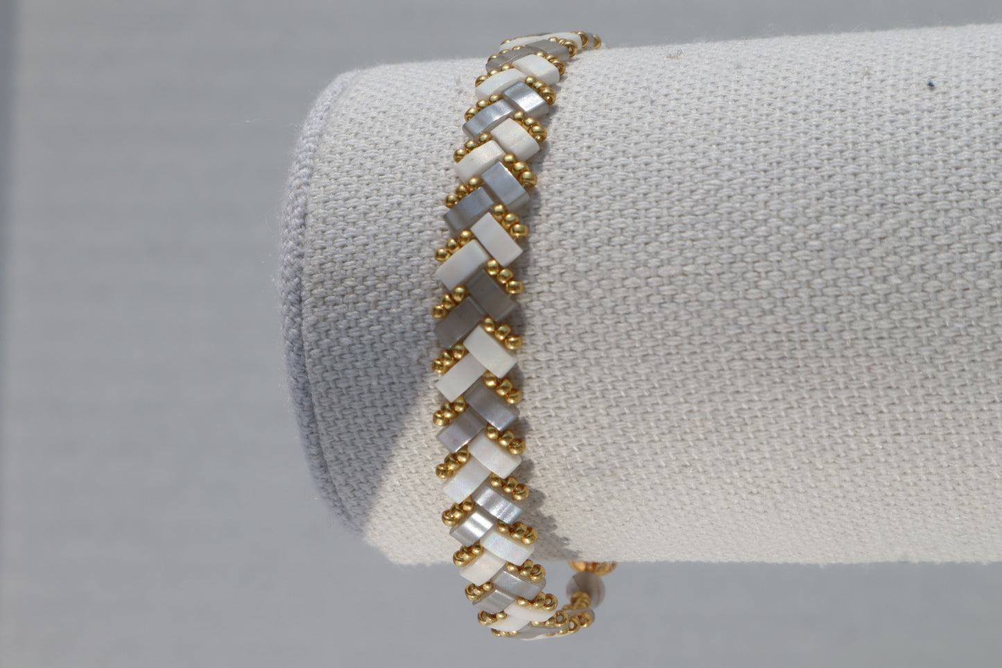 Soft Grey and White Braided Tila Bracelet