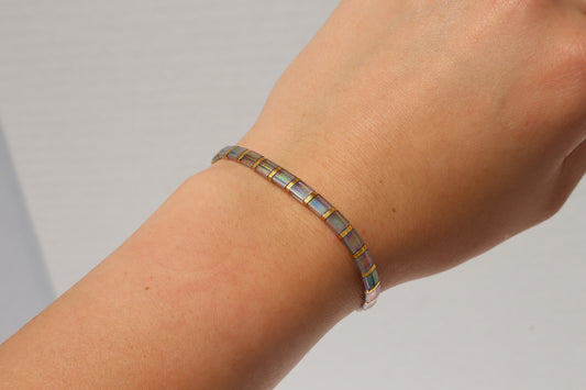 Grey/ Blue Straight Full Tila Bracelet with 24kt gold accent beads