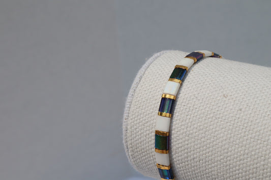 Magic Blue and Matte White AB Straight Tila Bead Bracelet with 24kt gold Accent beads